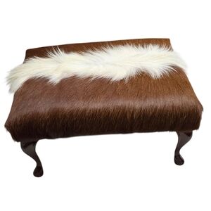 Cowhide Upholstered Footstool with White Accent Fur